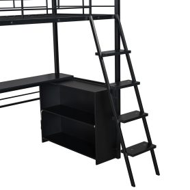 Twin Size Metal Loft Bed with LED, Desk and 4 Storage Shelves
