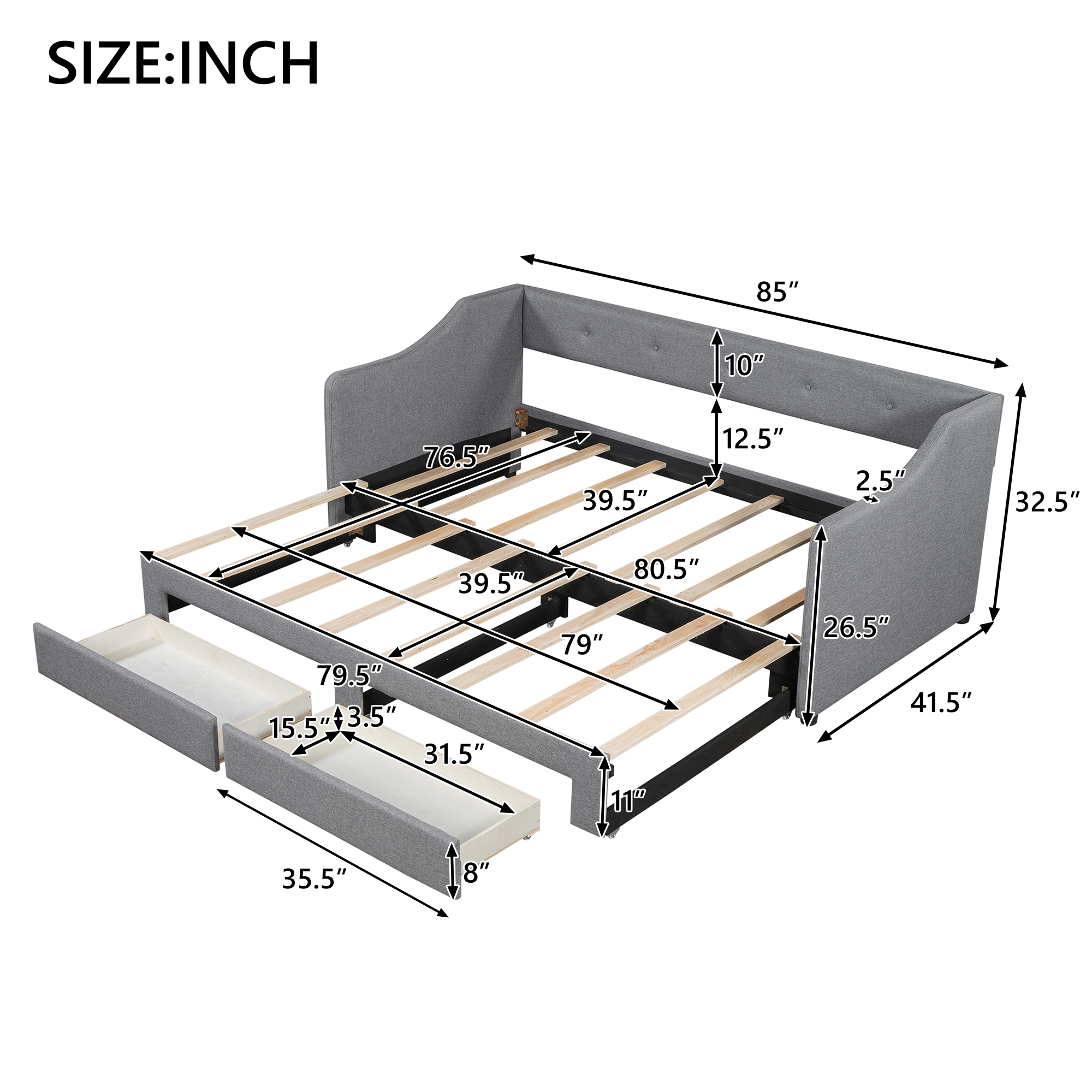 Twin XL to King Size Upholstered Daybed with Two Drawers 6 Twin XL to King Size Upholstered Daybed with Two Drawers