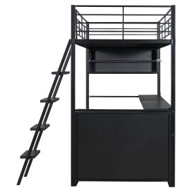 Twin Size Metal Loft Bed with LED, Desk and 4 Storage Shelves