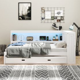 Full Size Wood Daybed with Storage Shelves, USB, LED, and Trundle