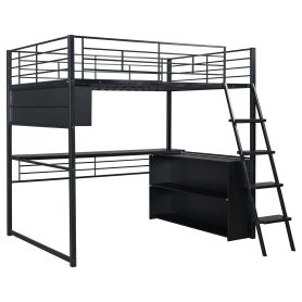Full Size Metal Loft Bed with LED, Desk and 4 Storage Shelves