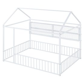 Full Size Metal Bed House Bed Frame With Fence And Shelves
