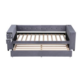 Twin Upholstered Bed with Storage and Twin Trundle, USB Charging Ports, French Velvet