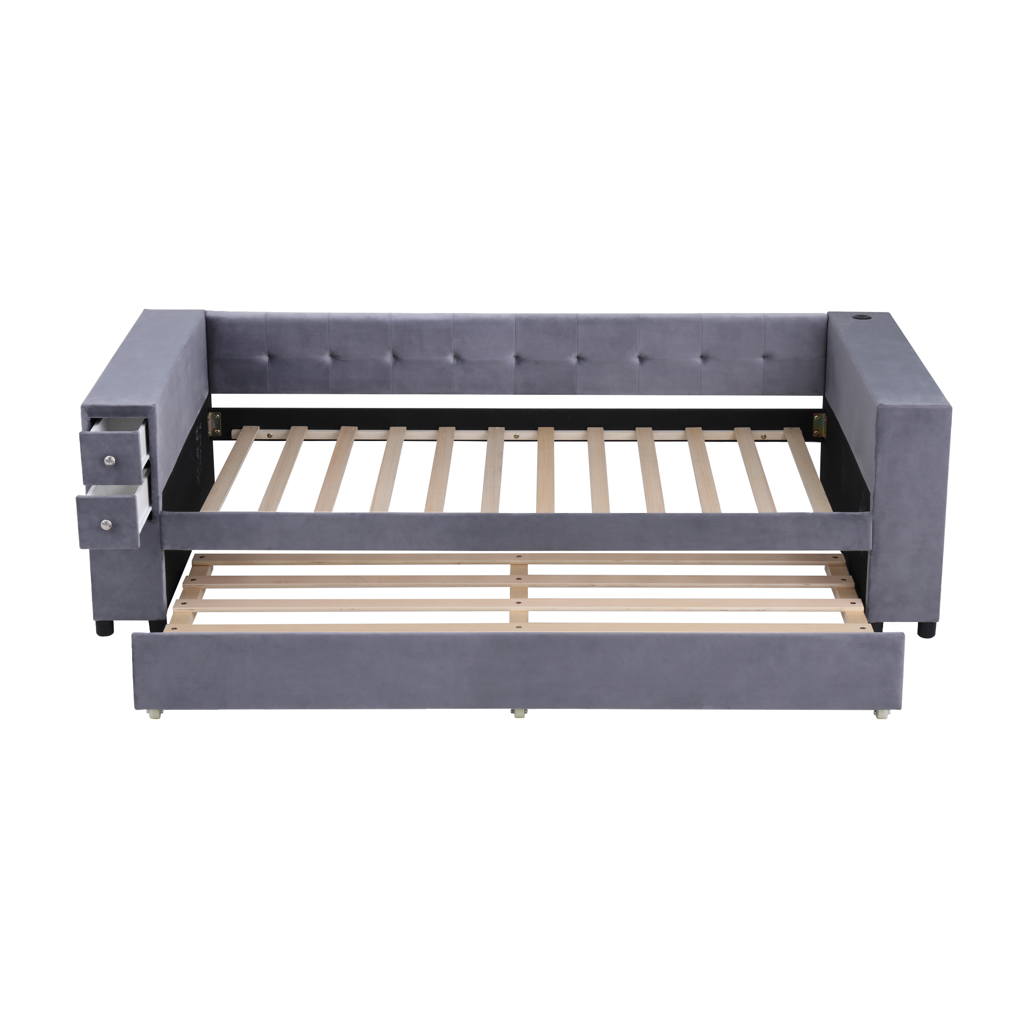 Twin Upholstered Bed with Storage and Twin Trundle, USB Charging Ports, French Velvet