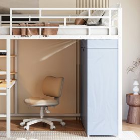 Full Size Loft Metal Bed with Desk, Shelves, Power Outlet, LED Light and Wardrobe