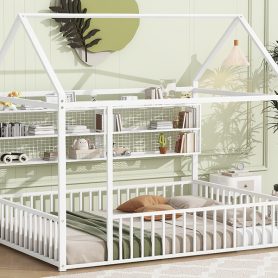 Full Size Metal Bed House Bed Frame With Fence And Shelves