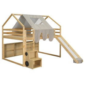 Full Size Wooden Loft Bed House-Shaped Frame With A Tent
