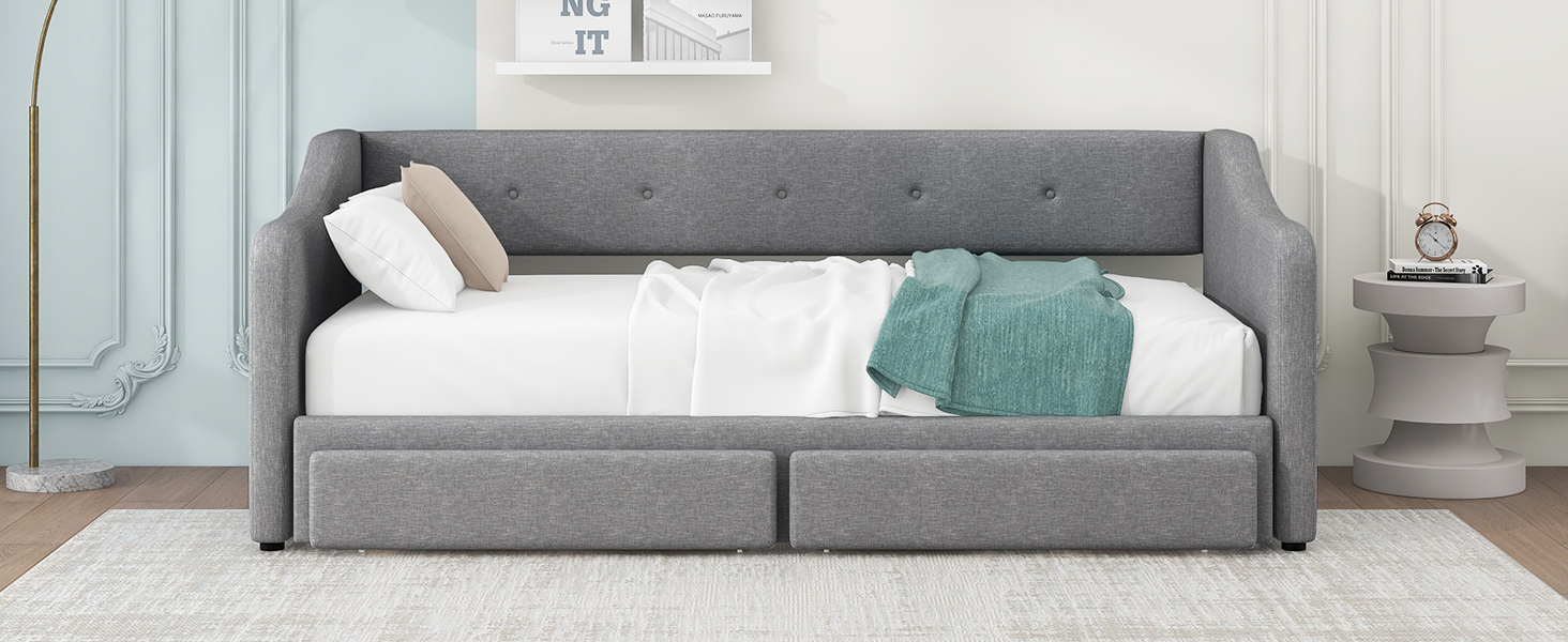 Twin XL to King Size Upholstered Daybed with Two Drawers 8 Twin XL to King Size Upholstered Daybed with Two Drawers