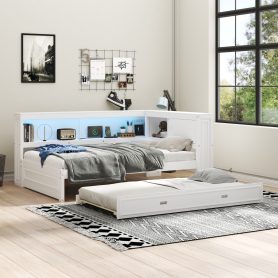 Full Size Wood Daybed with Storage Shelves, USB, LED, and Trundle
