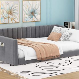 Full Xl Size Upholstery Daybed with Side Storage Pocket