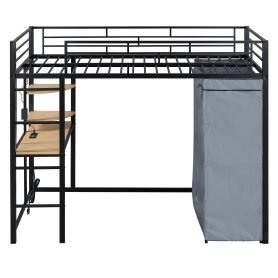 Twin Size Loft Metal Bed with Desk,Shelves,Power Outlet,LED Light and Wardrobe