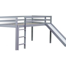 Rubber Wood Twin Low Loft Bed With Slide, Ladder and Safety Guardrails