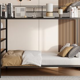 Twin Over Full Metal Bunk Bed with 5-Tier Shelves