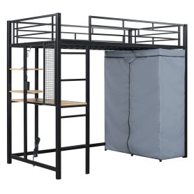Twin Size Loft Metal Bed with Desk,Shelves,Power Outlet,LED Light and Wardrobe