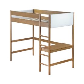 Rubber Wooden Twin Size Loft Bed With Desk, Ladder, Safety Guardrails, Teddy Fleece Fabric Headboard/Footboard