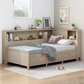 Twin Size Wood Daybed with Storage Shelves and 3 Drawers