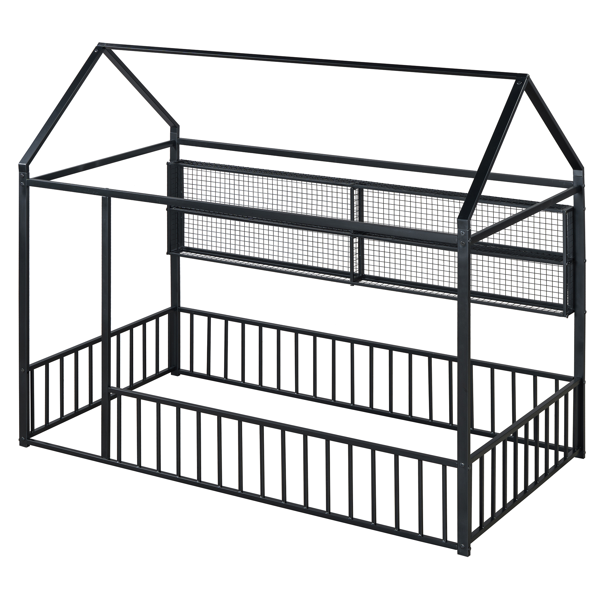 Twin Size Metal Bed House Bed Frame with Fence and Shelves 6 Twin Size Metal Bed House Bed Frame with Fence and Shelves