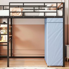 Twin Size Loft Metal Bed with Desk,Shelves,Power Outlet,LED Light and Wardrobe