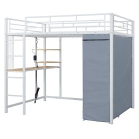 Full Size Loft Metal Bed with Desk, Shelves, Power Outlet, LED Light and Wardrobe