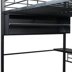 Full Size Metal Loft Bed with LED, Desk and 4 Storage Shelves
