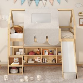 Full Size Wooden Loft Bed House-Shaped Frame With A Tent