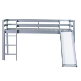 Rubber Wood Twin Low Loft Bed With Slide, Ladder and Safety Guardrails