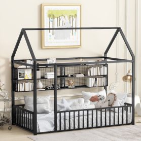 Twin Size Metal Bed House Bed Frame with Fence and Shelves 28 Twin Size Metal Bed House Bed Frame with Fence and Shelves