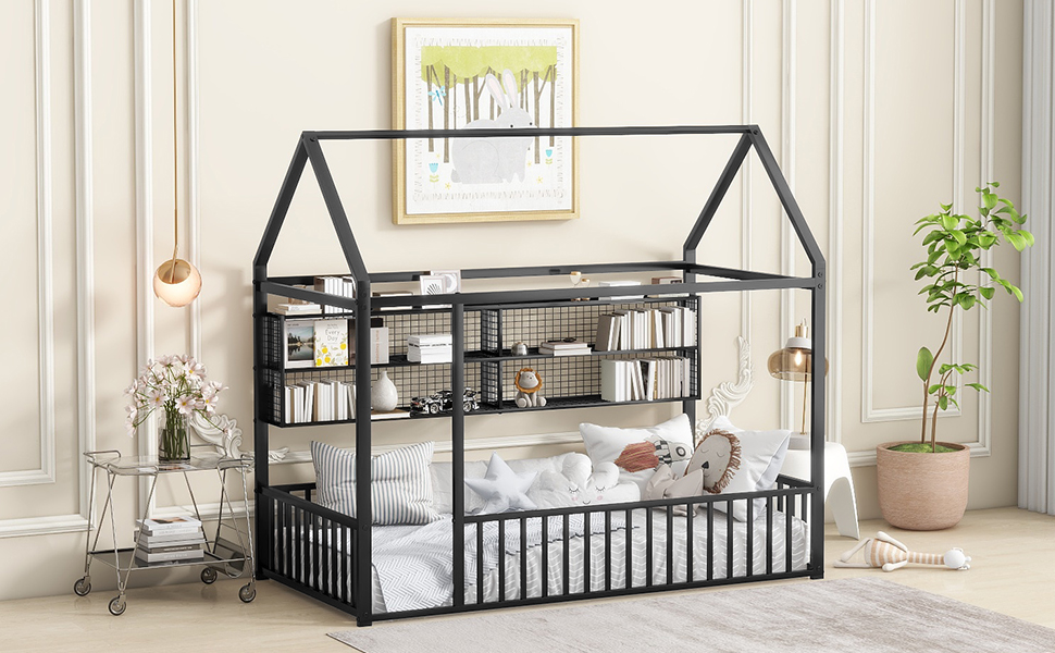 Twin Size Metal Bed House Bed Frame with Fence and Shelves 15 Twin Size Metal Bed House Bed Frame with Fence and Shelves