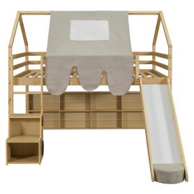 Full Size Wooden Loft Bed House-Shaped Frame With A Tent