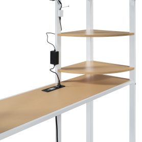 Full Size Loft Metal Bed with Desk, Shelves, Power Outlet, LED Light and Wardrobe