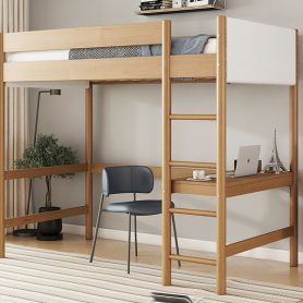 Rubber Wooden Twin Size Loft Bed With Desk, Ladder, Safety Guardrails, Teddy Fleece Fabric Headboard/Footboard