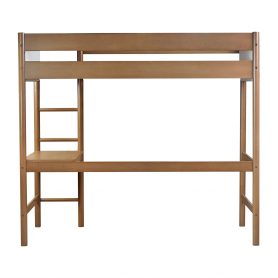 Rubber Wooden Twin Size Loft Bed With Desk, Ladder, Safety Guardrails, Teddy Fleece Fabric Headboard/Footboard