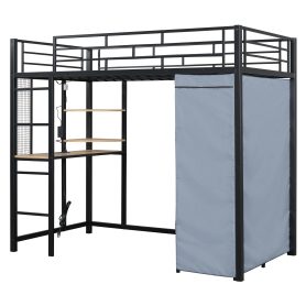 Twin Size Loft Metal Bed with Desk,Shelves,Power Outlet,LED Light and Wardrobe