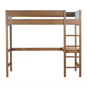 Rubber Wooden Twin Size Loft Bed With Desk, Ladder, Safety Guardrails, Teddy Fleece Fabric Headboard/Footboard