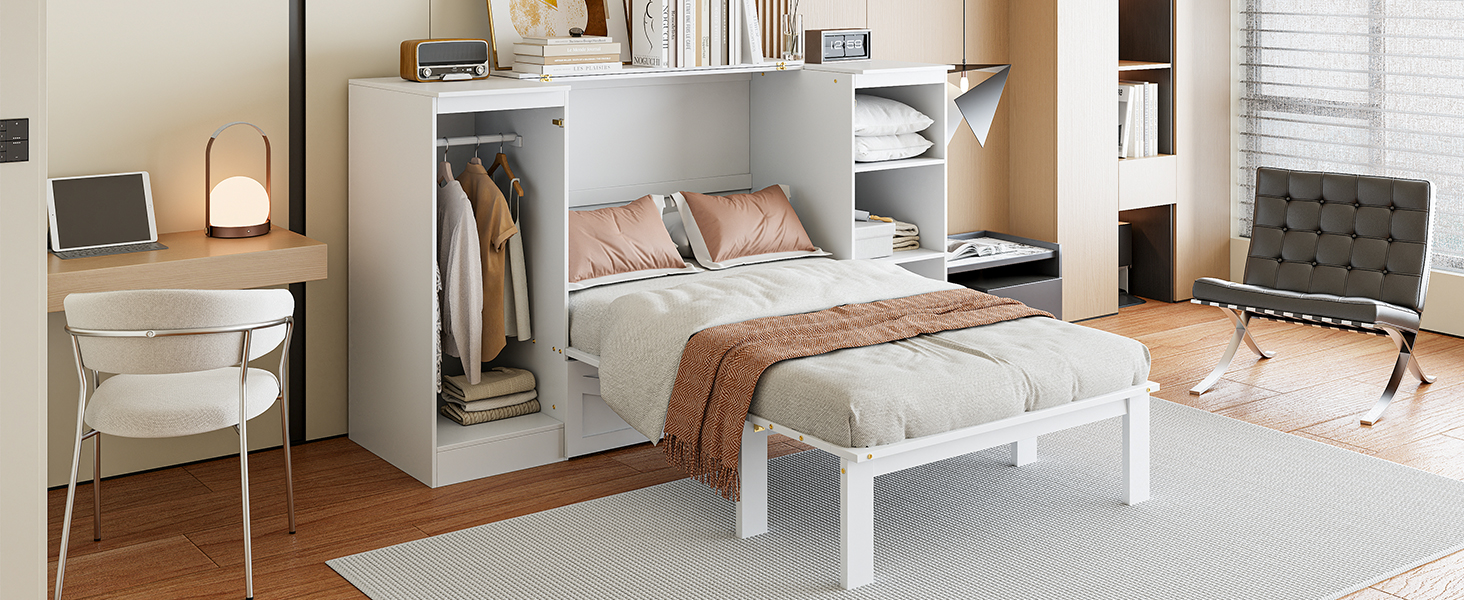 Twin Size Murphy Bed with Bedside Shelves and Wardrobe