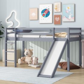 Rubber Wood Twin Low Loft Bed With Slide, Ladder and Safety Guardrails