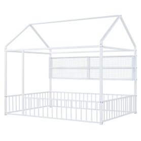 Full Size Metal Bed House Bed Frame With Fence And Shelves