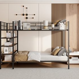 Twin Over Full Metal Bunk Bed with 5-Tier Shelves