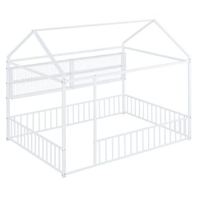 Full Size Metal Bed House Bed Frame With Fence And Shelves