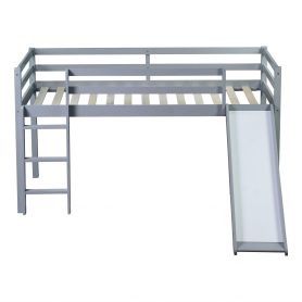 Rubber Wood Twin Low Loft Bed With Slide, Ladder and Safety Guardrails