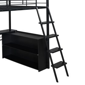 Full Size Metal Loft Bed with LED, Desk and 4 Storage Shelves