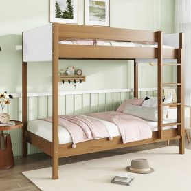 Twin Over Twin Bunk Bed with Upholstered Headboard and Footboard of Teddy-Velvet Cushion