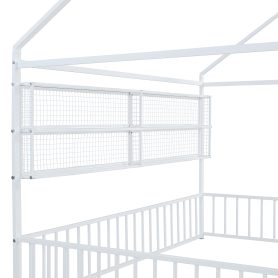 Full Size Metal Bed House Bed Frame With Fence And Shelves