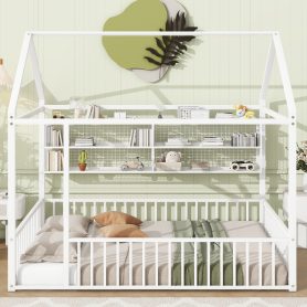 Full Size Metal Bed House Bed Frame With Fence And Shelves