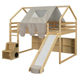 Full Size Wooden Loft Bed House-Shaped Frame With A Tent