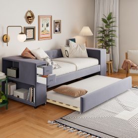 Twin Upholstered Bed with Storage and Twin Trundle, USB Charging Ports, French Velvet