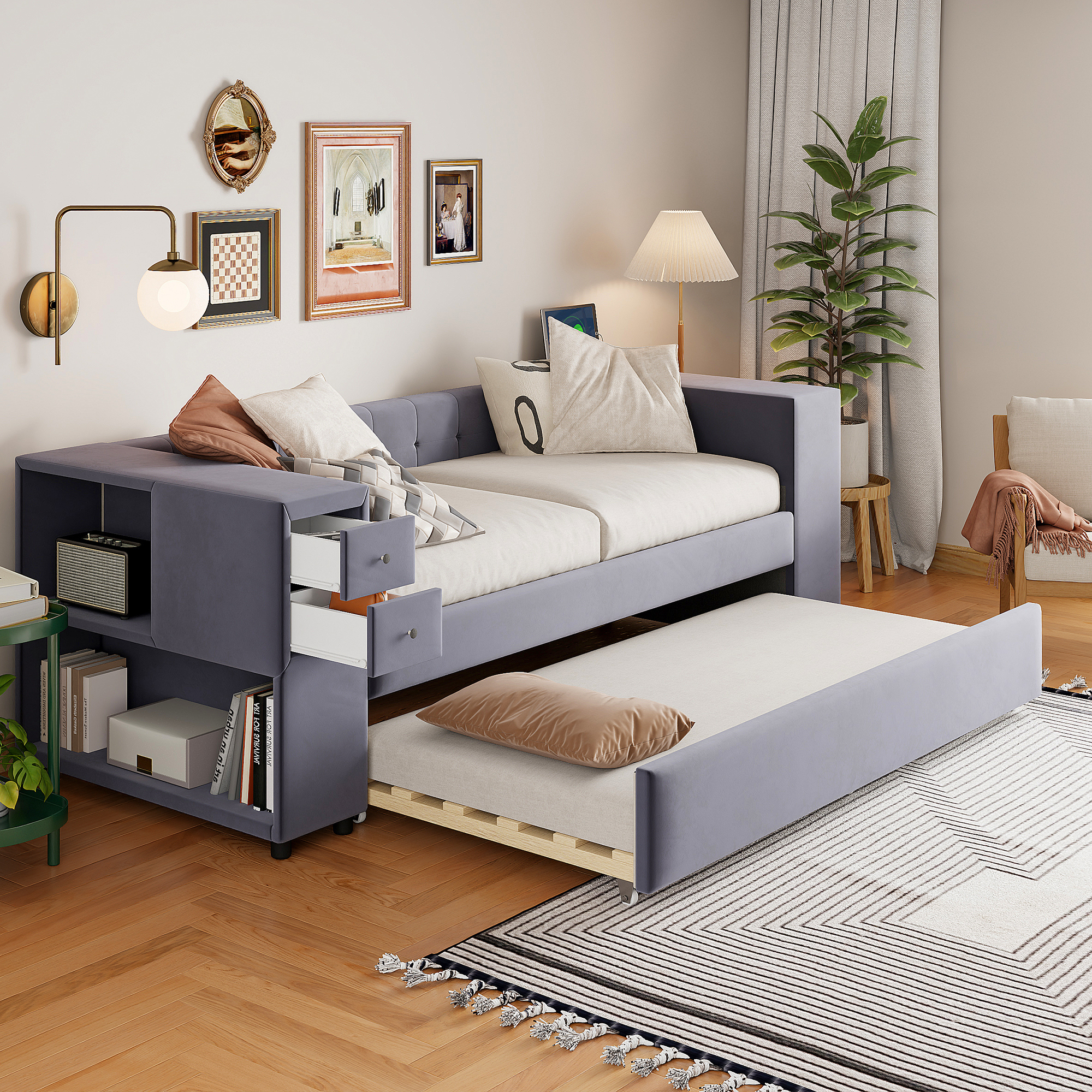 Twin Upholstered Bed with Storage and Twin Trundle, USB Charging Ports, French Velvet