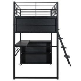Twin Size Metal Loft Bed with LED, Desk and 4 Storage Shelves
