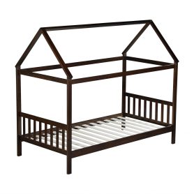 House-Shaped Twin Rubber Wood Bed with Headboard and Footboard