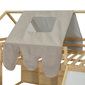 Full Size Wooden Loft Bed House-Shaped Frame With A Tent